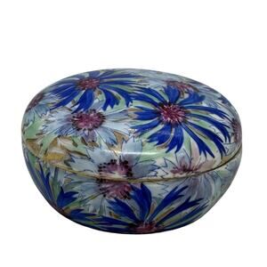 Limoges Porcelain 3 3/4” Lidded Trinket Jar Handpainted Floral Design Gold Trim